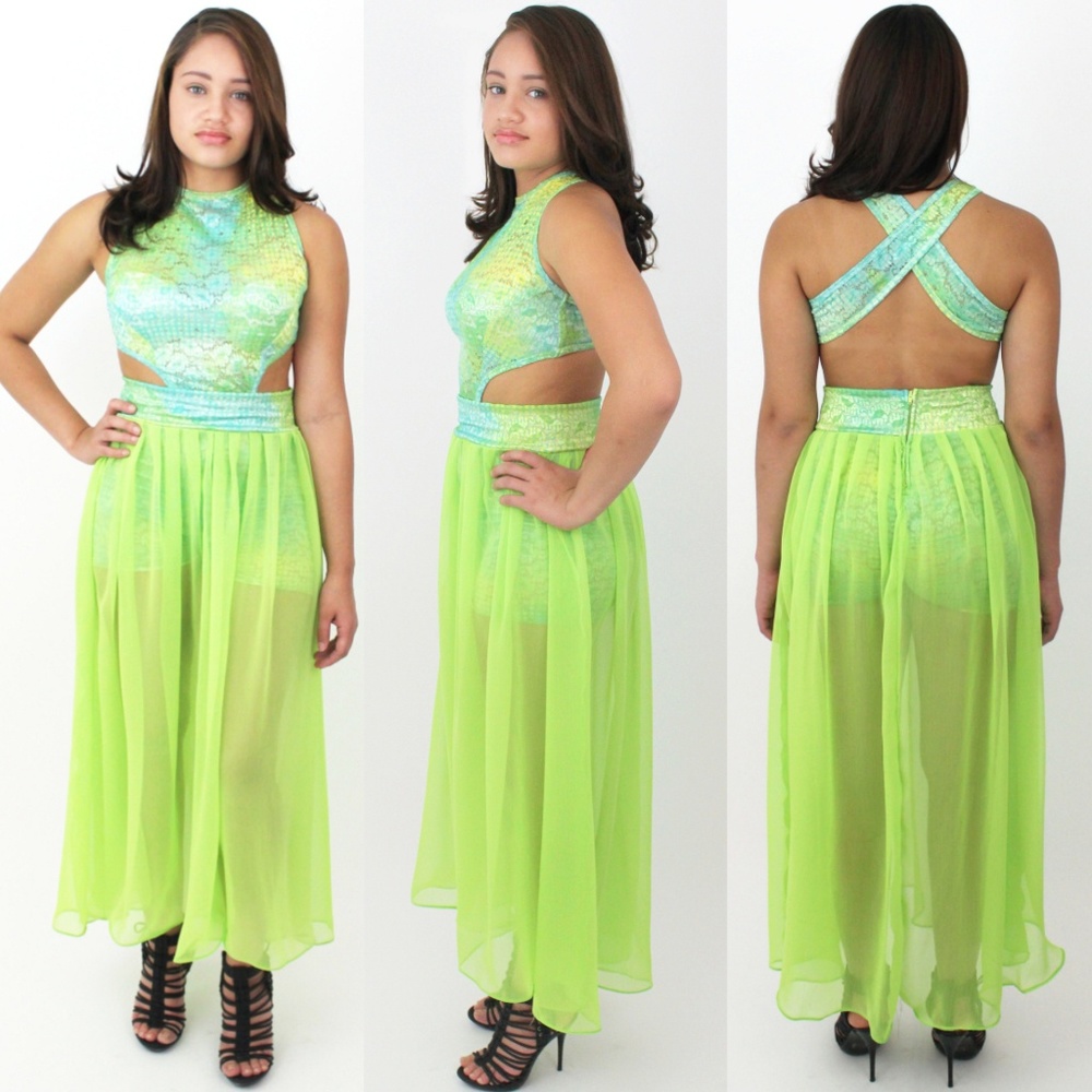 NEON GREEN MAXI PARTY CJJBOUTIQUE DRESS MADE USA - Picture 1 of 6